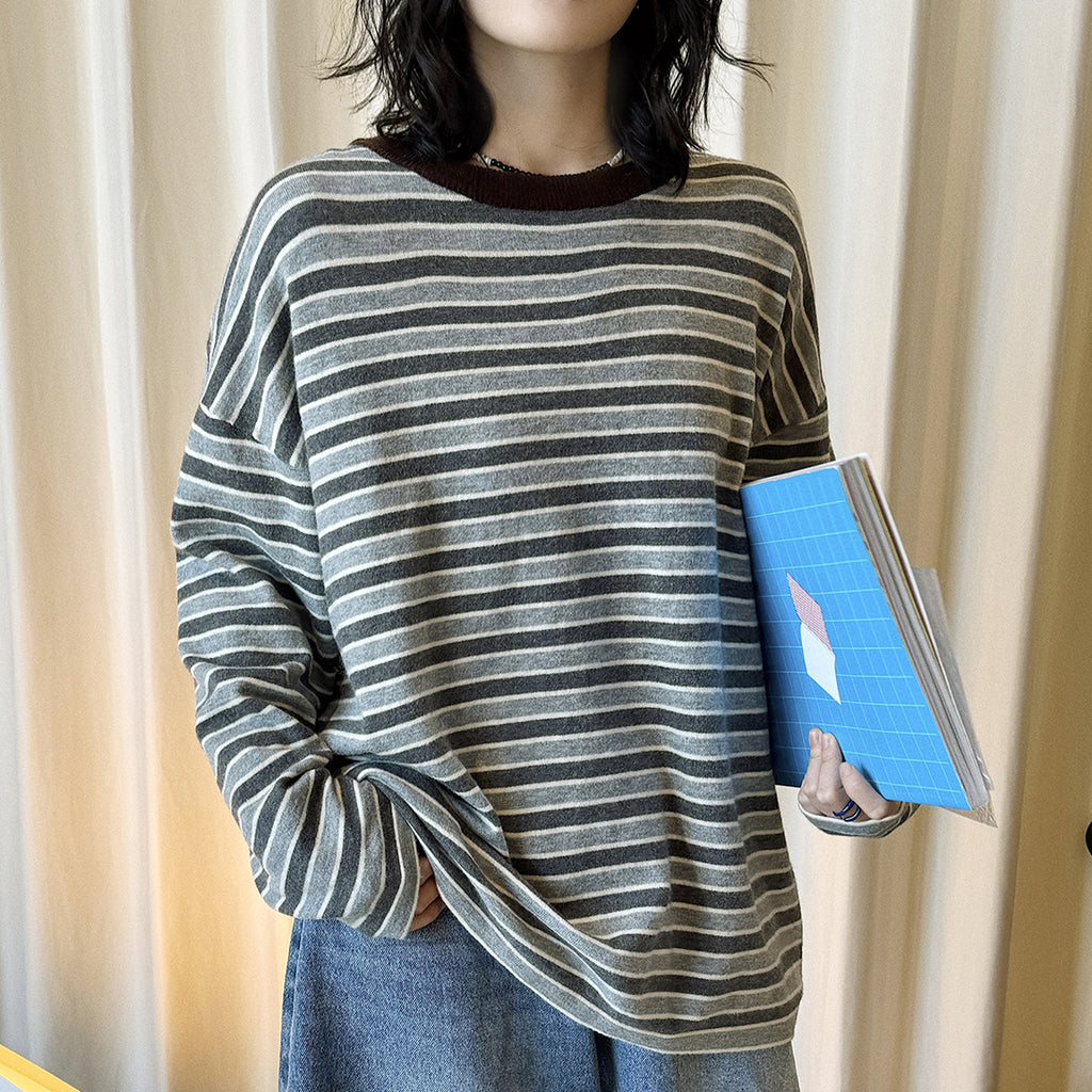 Color blocking round neck striped loose T-shirt