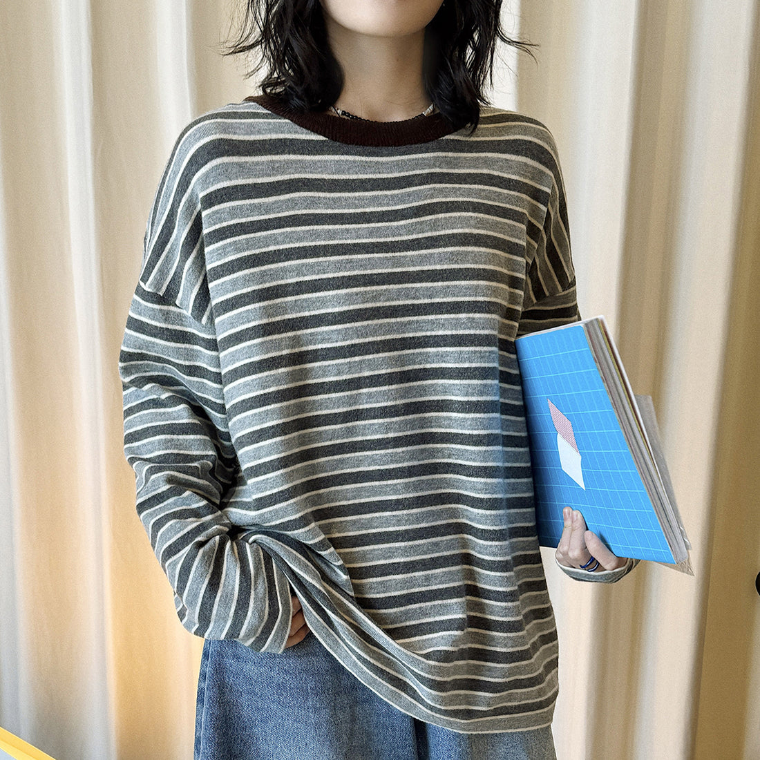 Color blocking round neck striped loose T-shirt