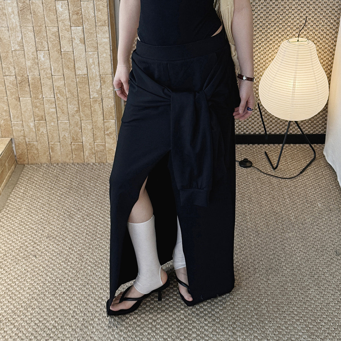 High-Waist Draped Maxi Skirt with Side Slit Detail