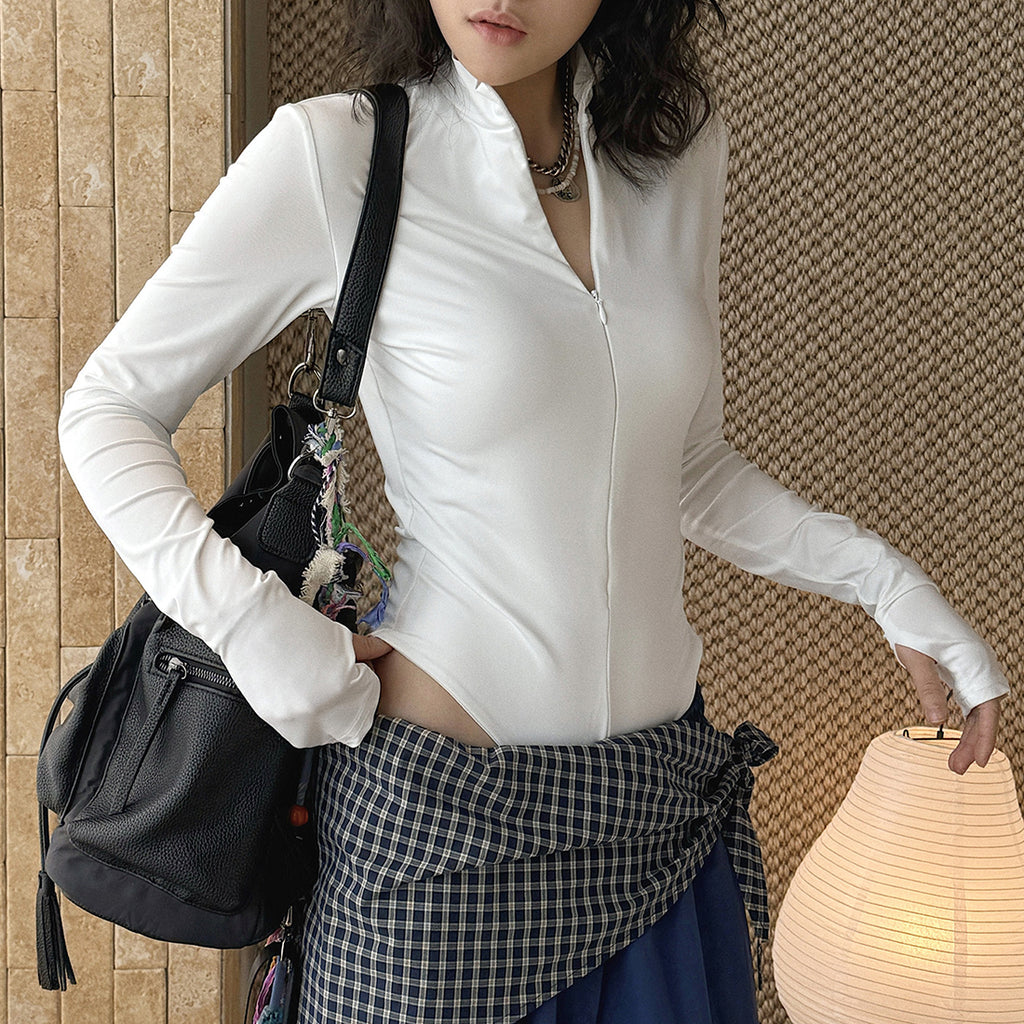 Slim fit stand collar zip long sleeve bodysuit