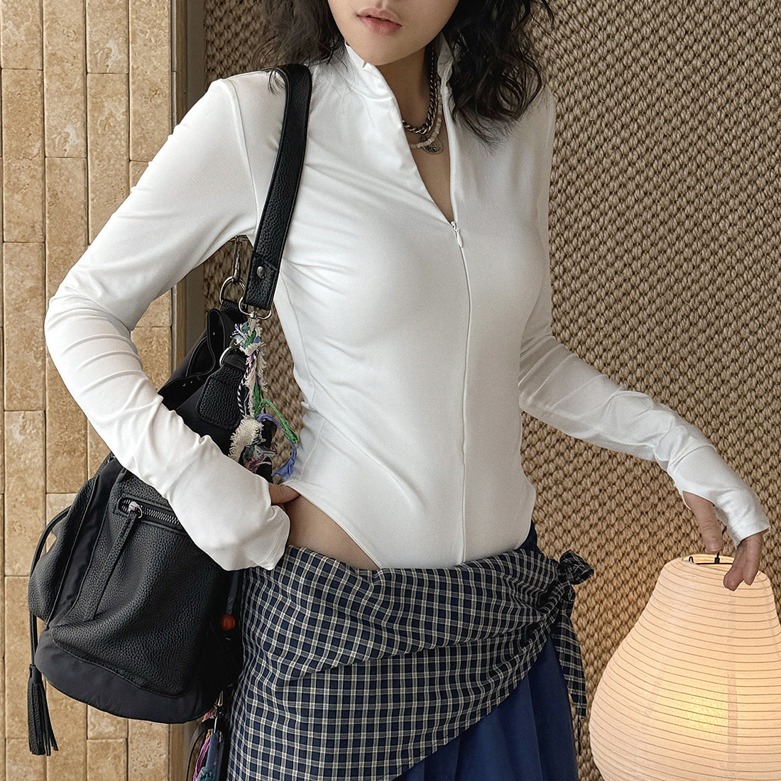 Slim fit stand collar zip long sleeve bodysuit
