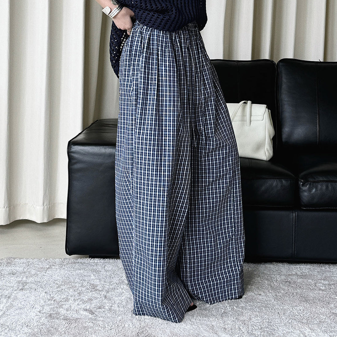Color blocking plaid splicing casual elastic drawstring pants