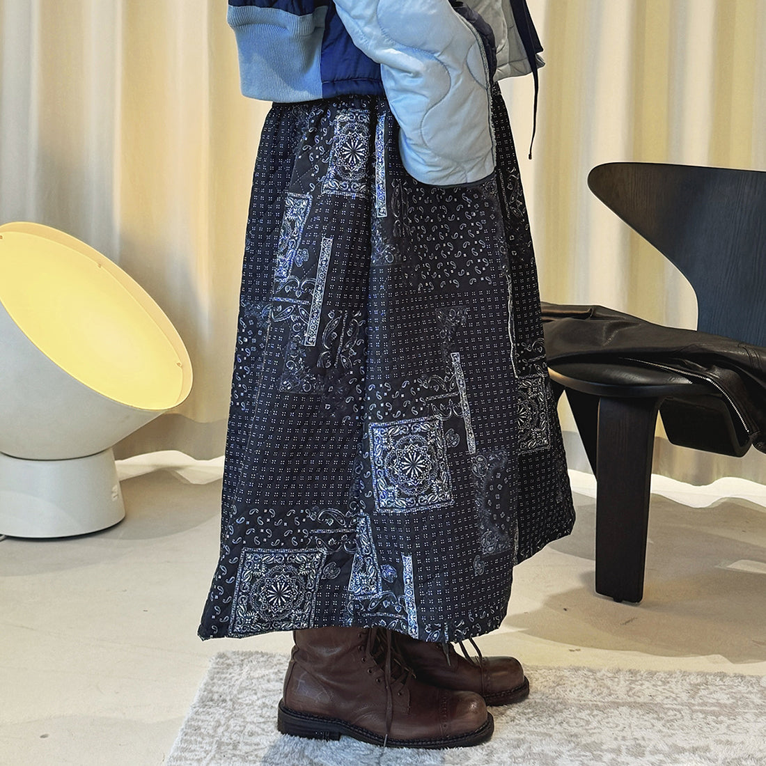 Retro Cashew Flower Splicing Elastic Waist Loose Skirt