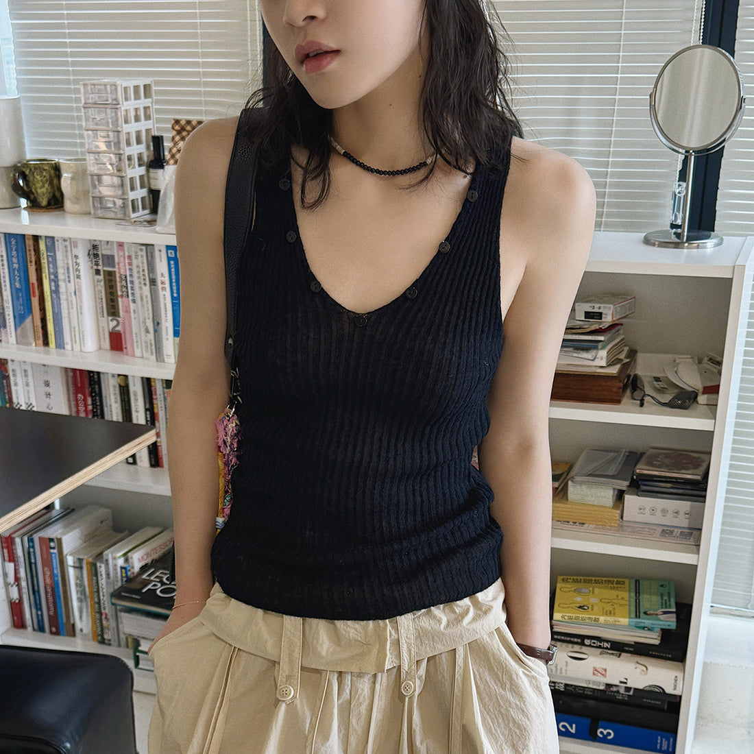 V-Neck Ribbed Knit Tank Top with Button Detail
