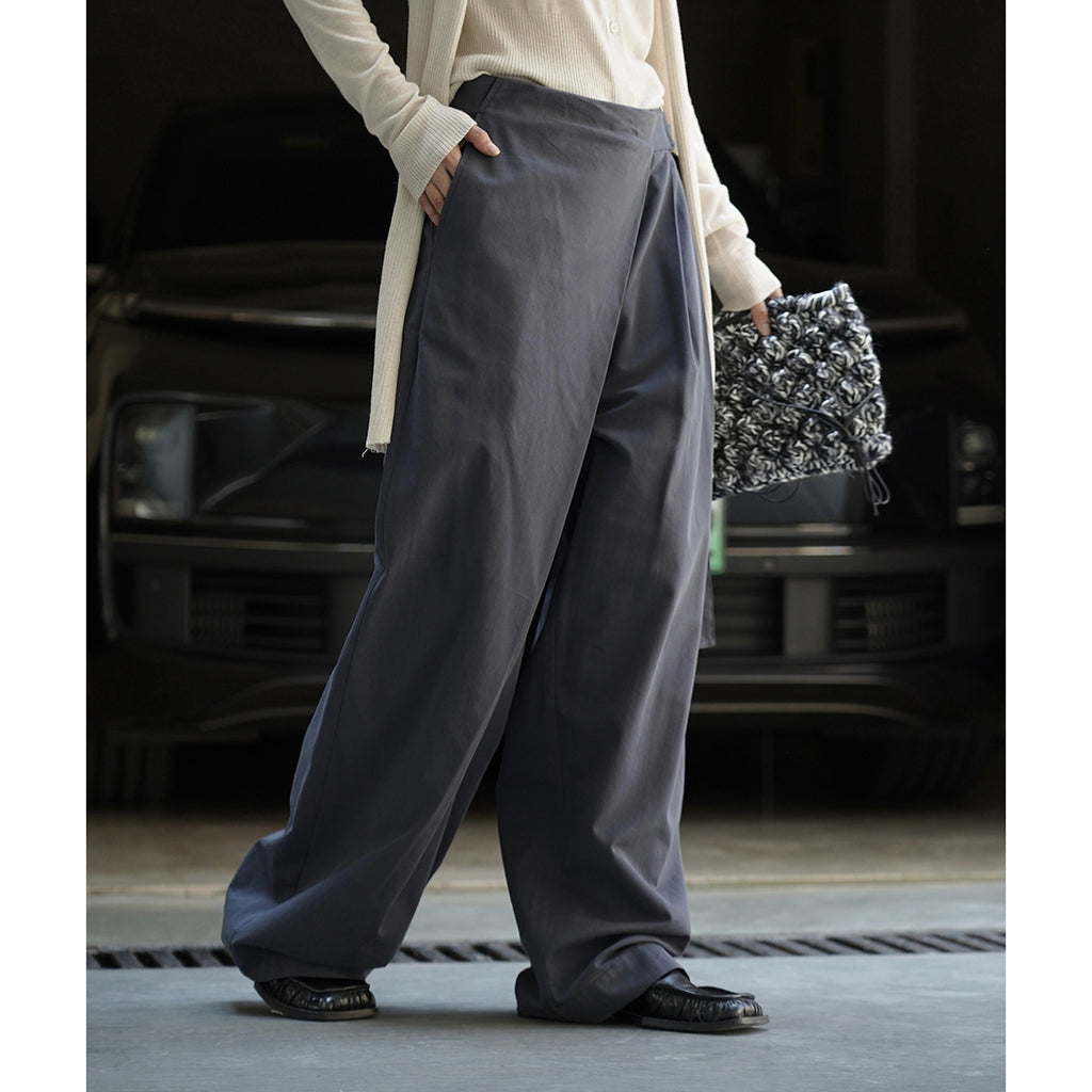 Retro slanted placket belt strap casual loose slimming pants