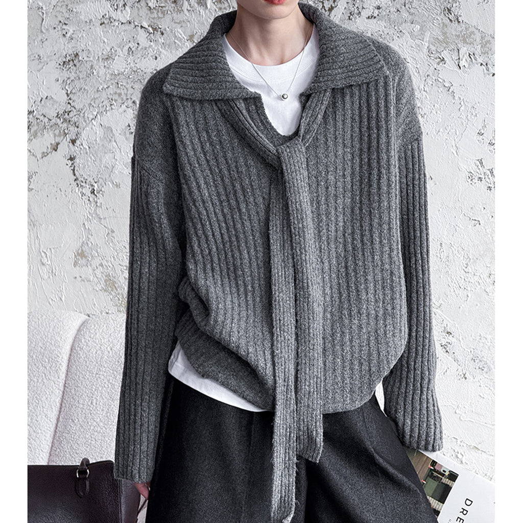 Flip collar knitted lazy V-neck sweater with belt