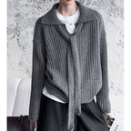 Flip collar knitted lazy V-neck sweater with belt