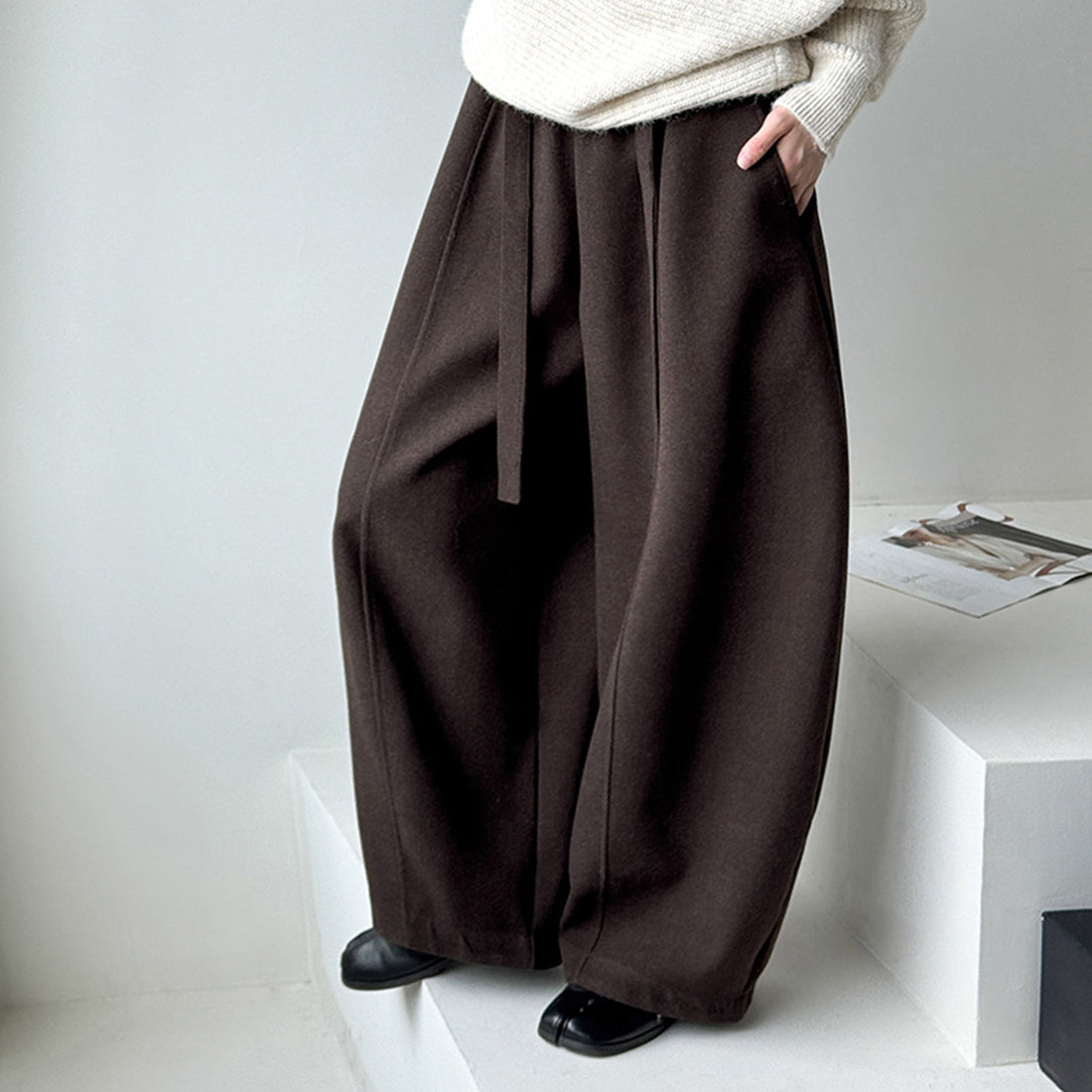 Retro high waist slimming wide leg casual curved knife pants