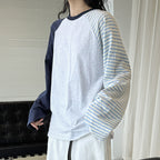 Color blocking striped patchwork round neck loose T-shirt top