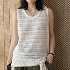 Women’s Sleeveless Openwork Knit Tank Top with Textured Hem