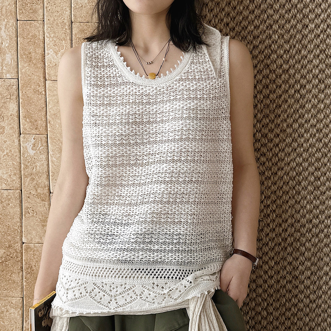 Women’s Sleeveless Openwork Knit Tank Top with Textured Hem