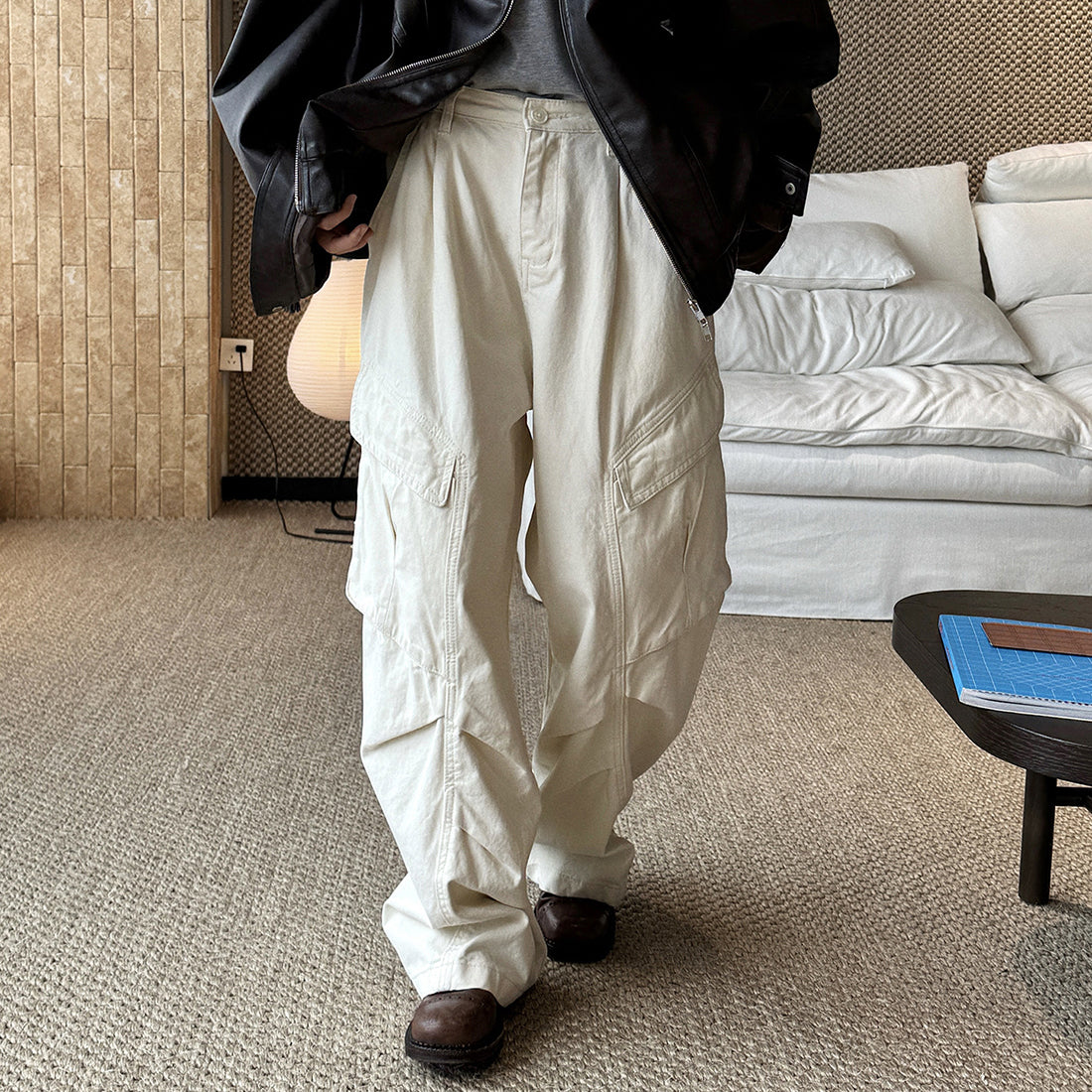 Pleated straight leg large pocket loose denim cargo pants