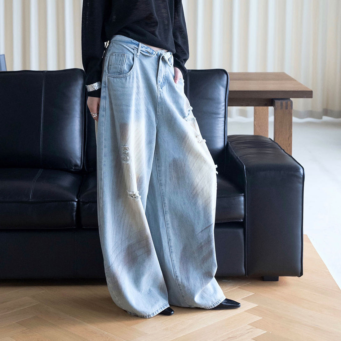 American retro ripped wide leg jeans