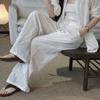 High Waist Cotton Linen Wide Leg Pants with Drawstring