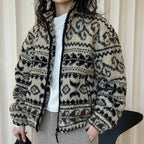 Retro Rolled Leaf Jacquard Lamb Fur Stand-Up Collar Thermal Fluffy Thick Coat
