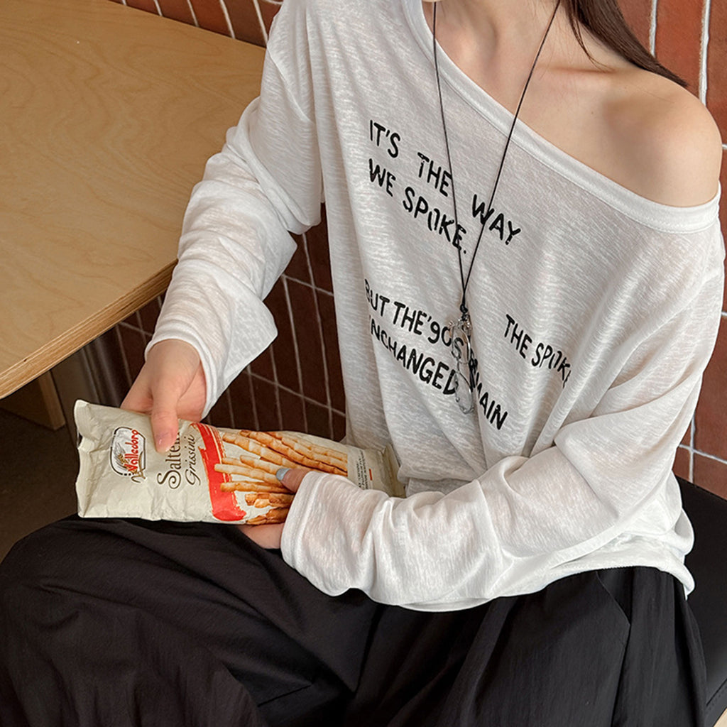 Women’s Off-Shoulder Letter Print Sheer Long-Sleeve Top