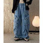 High-Waist Wide-Leg Denim Pants with Utility Pockets