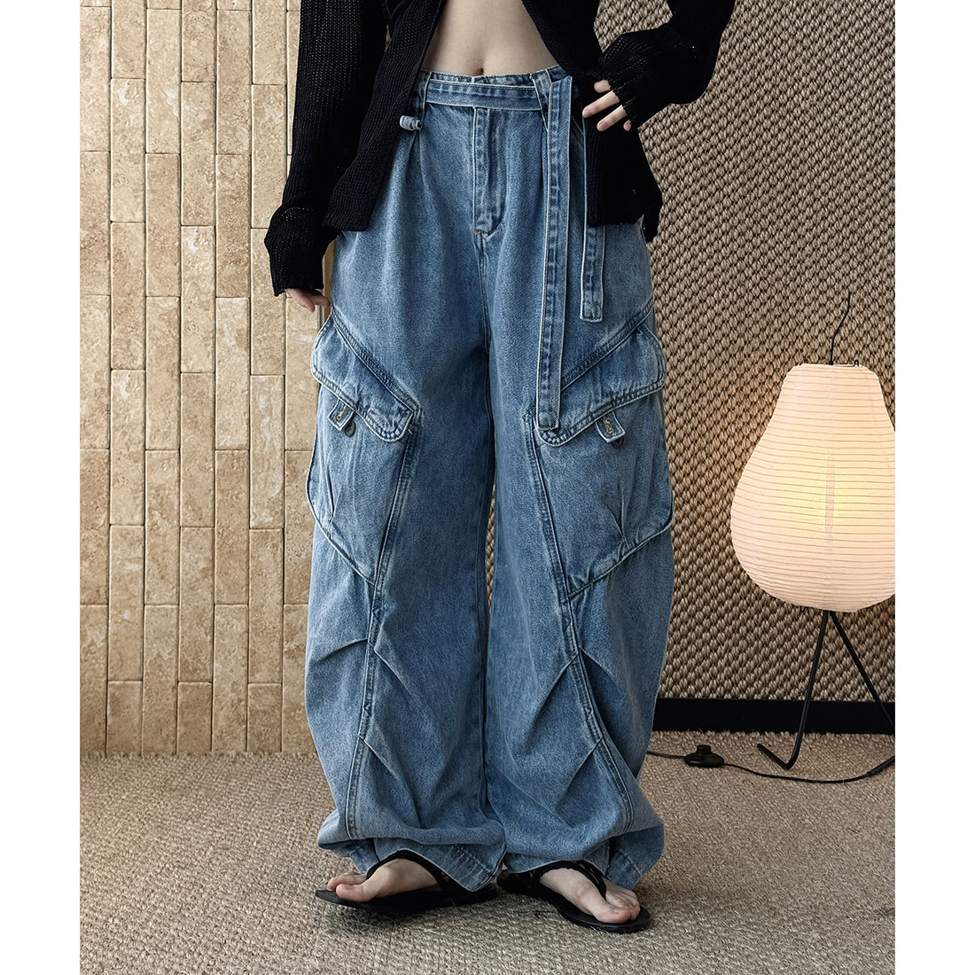 High-Waist Wide-Leg Denim Pants with Utility Pockets