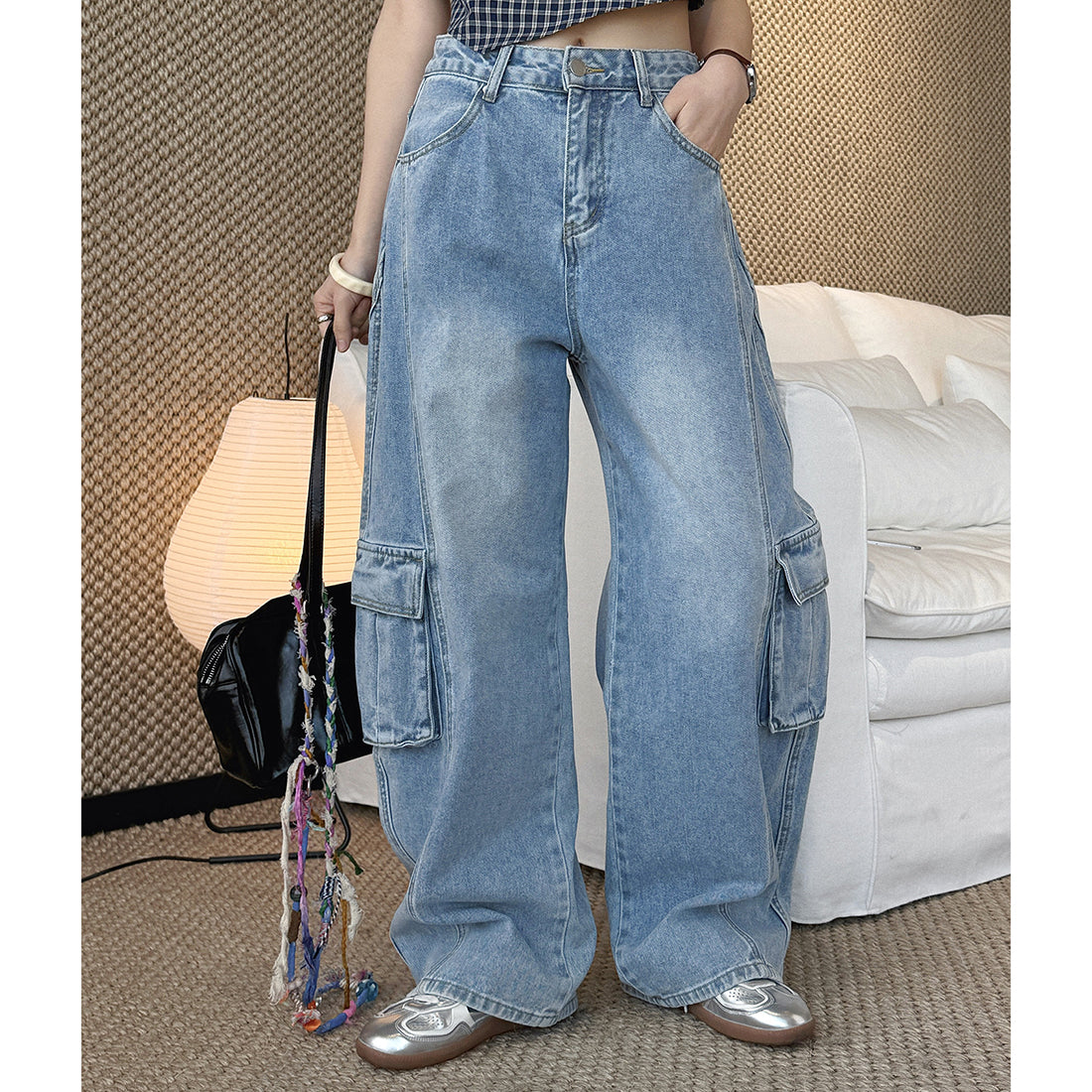 cargo wide leg jeans high waist loose fit vintage wash denim pants
