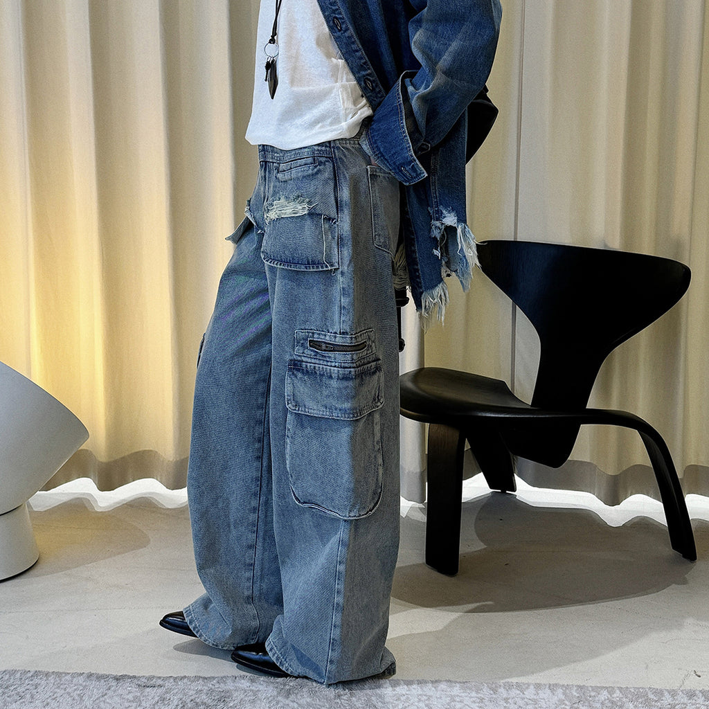 Retro ripped multi pocket loose silhouette jeans