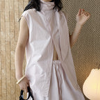Sleeveless tie neck top women cotton linen loose summer blouse