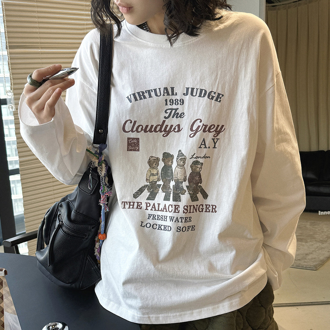 Retro teddy bear letter printed loose long sleeved T-shirt