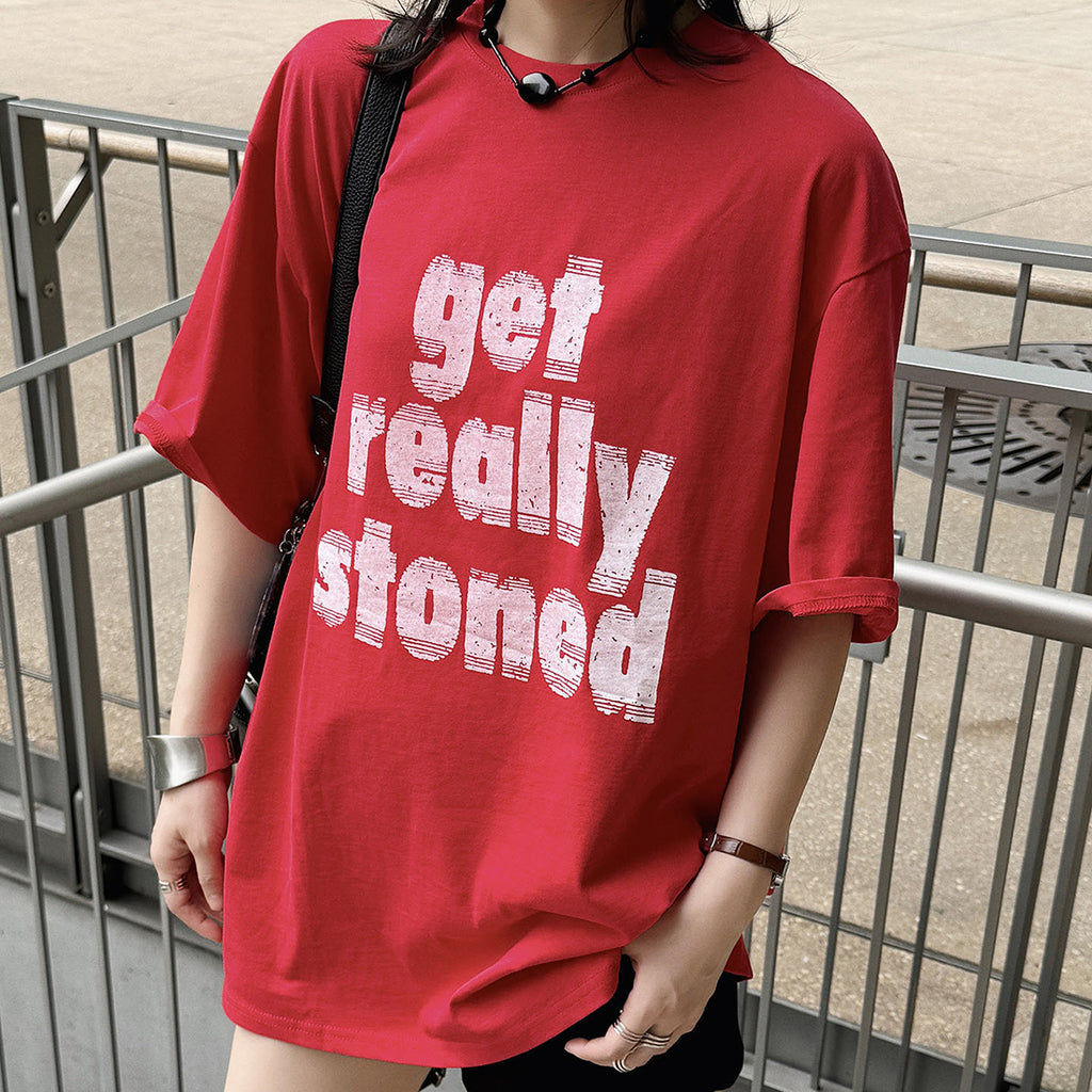 Round neck letter printed shoulder loose T-shirt top
