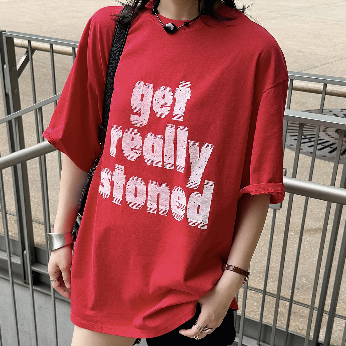Round neck letter printed shoulder loose T-shirt top