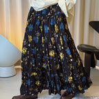 Retro elastic waist printed pleated A-line maxi skirt