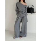 Off shoulder lounge set women loose fit wide leg pants two piece outfit