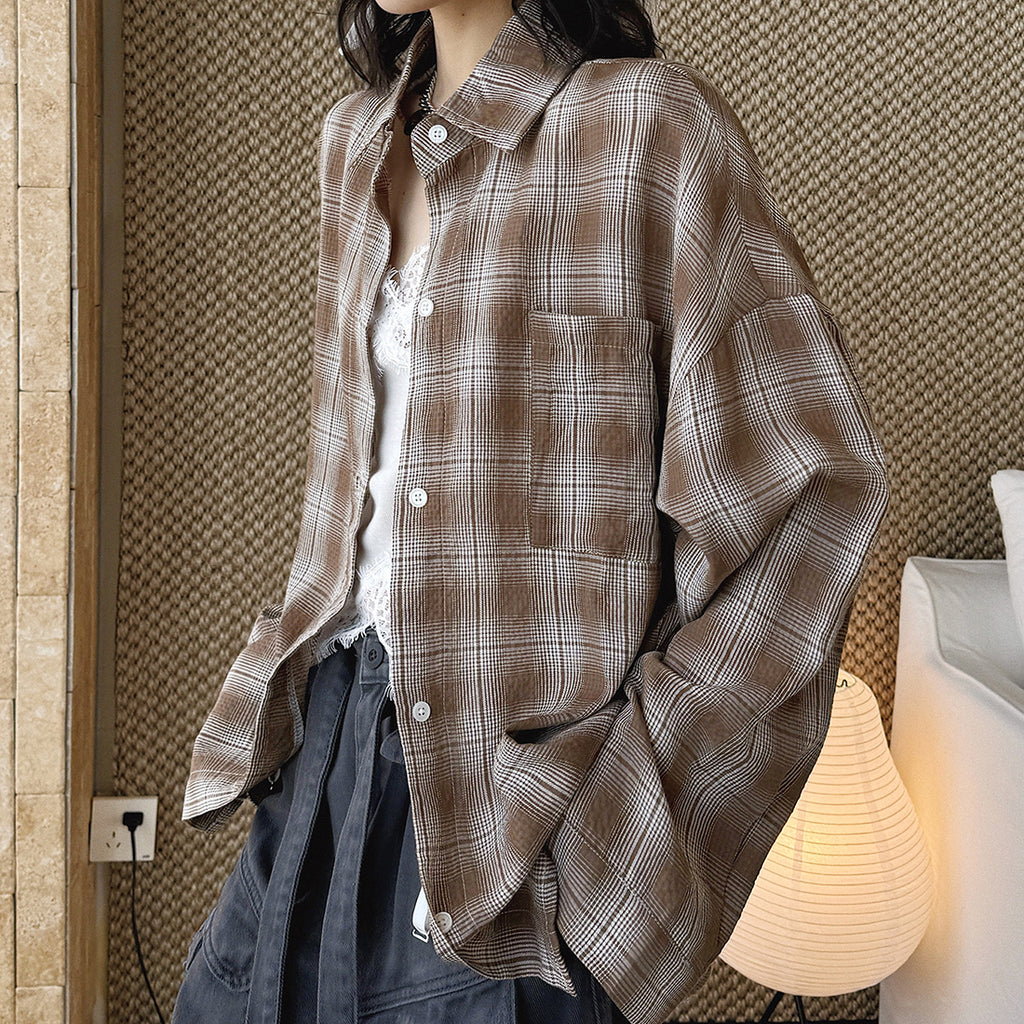 Vintage plaid cotton shirt loose long sleeve casual button down blouse