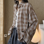 Vintage plaid cotton shirt loose long sleeve casual button down blouse
