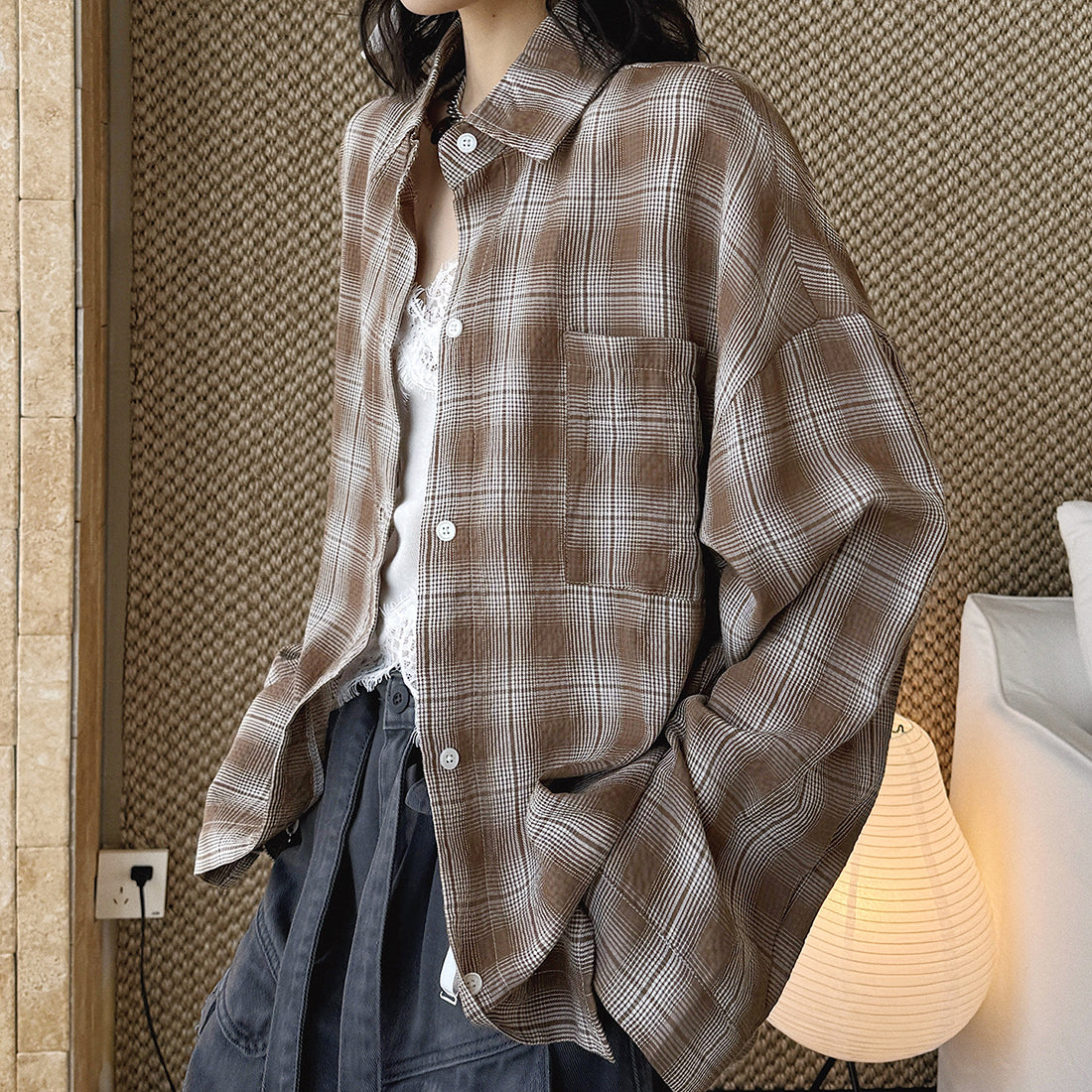 Vintage plaid cotton shirt loose long sleeve casual button down blouse