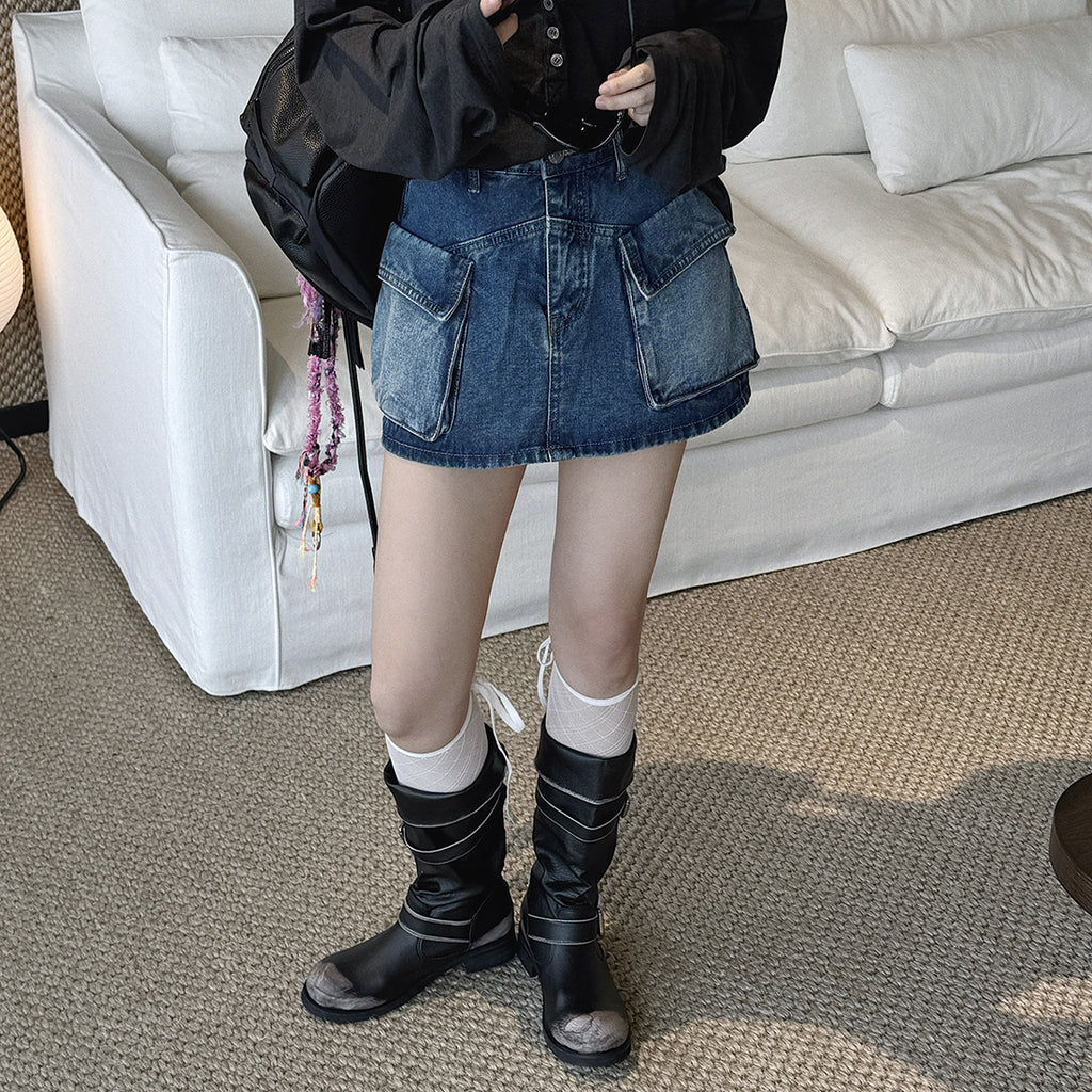 Denim Utility Skirt with Front Pockets - High Waist, Casual Fit