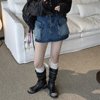 Denim Utility Skirt with Front Pockets - High Waist, Casual Fit