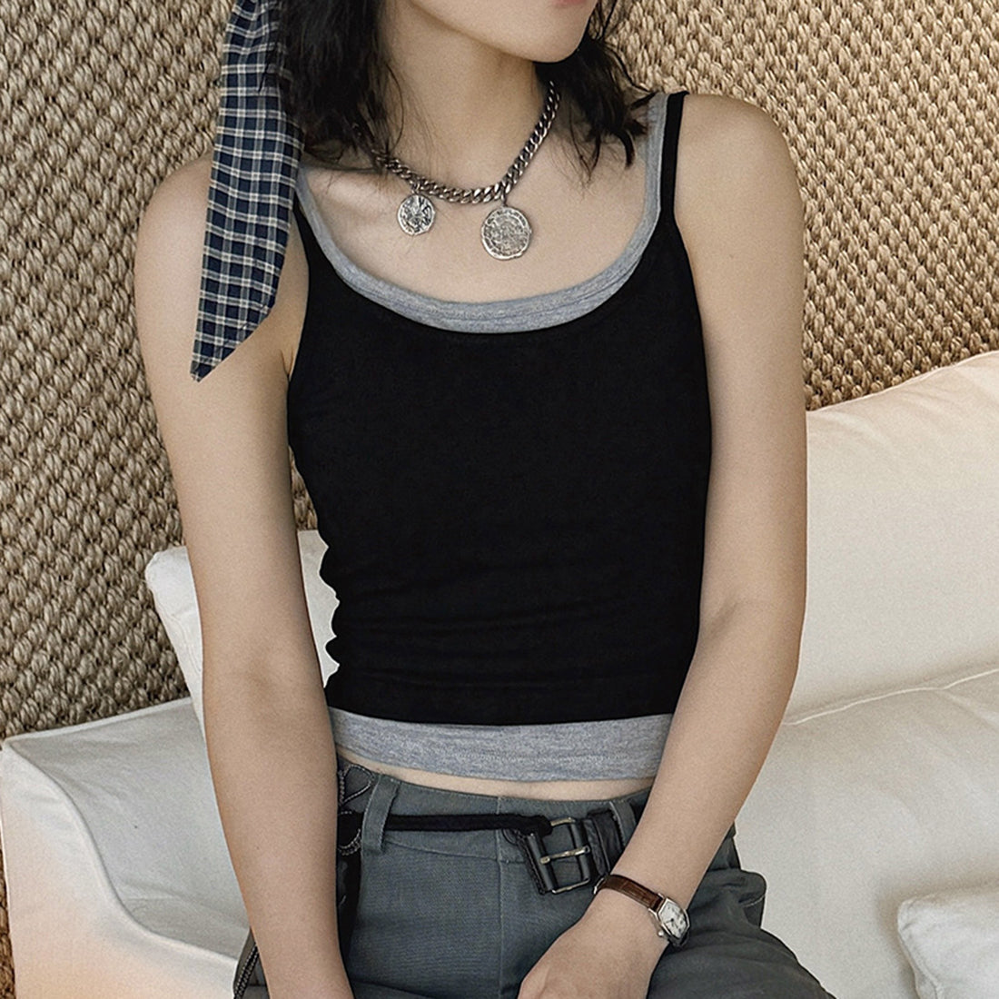 Layered slim fit tank top with stretch fabric and contrast trim