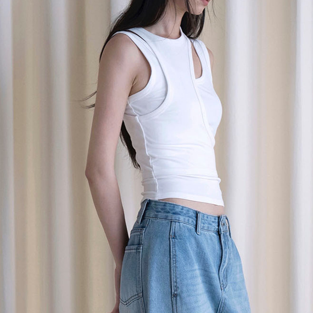 Fake two piece patchwork irregular vest tank top