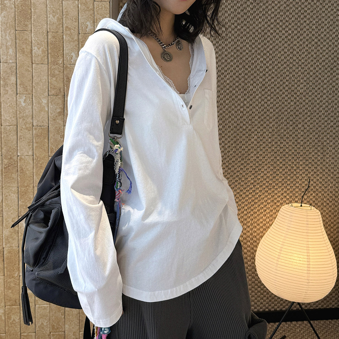 Loose fit v neck long sleeve button shirt top