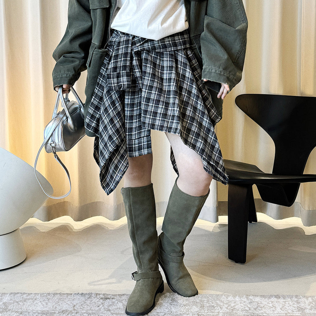 Retro contrasting plaid irregular skirt half length skirt