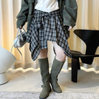 Retro contrasting plaid irregular skirt half length skirt
