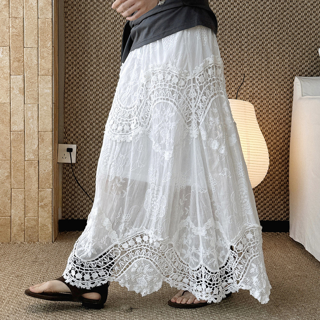 Boho lace embroidered maxi skirt with flowy silhouette and soft lining