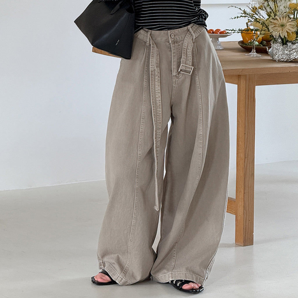 High waist wide leg pants women loose casual trousers with belt cotton