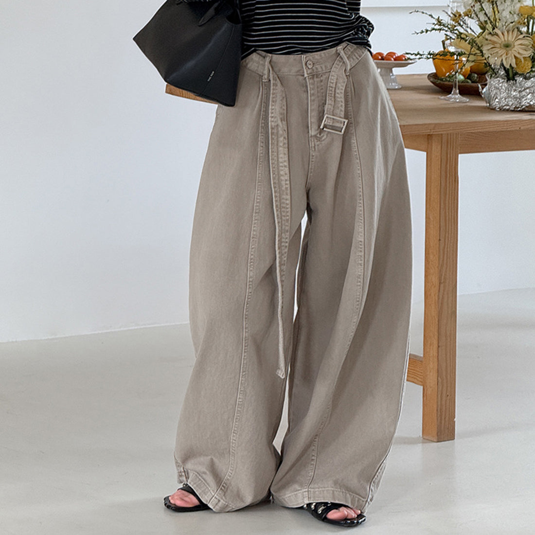 High waist wide leg pants women loose casual trousers with belt cotton