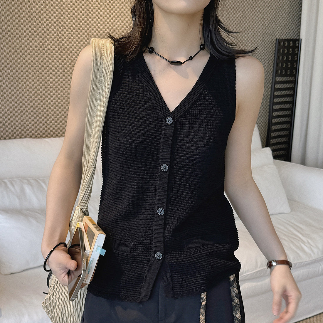 Sleeveless V-Neck Knit Button Vest Top