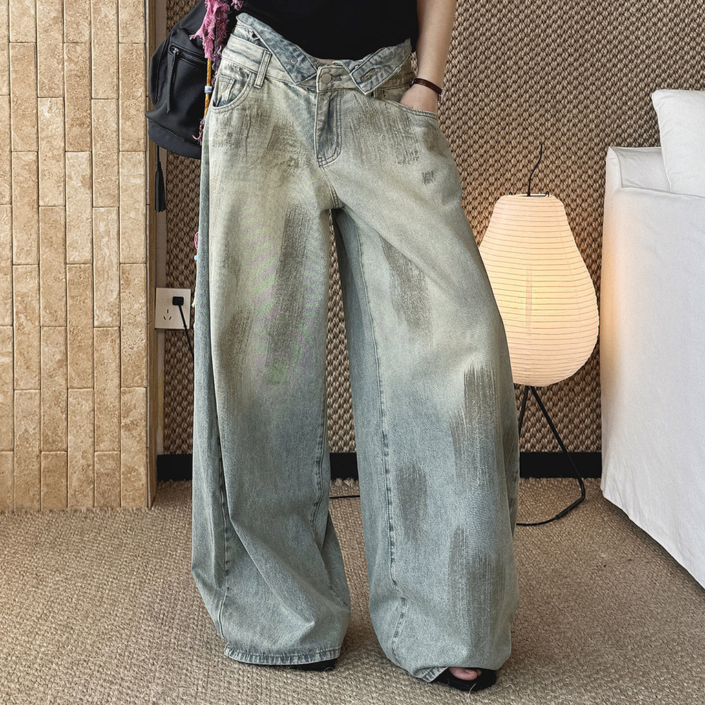 Women’s Double Waist Washed Wide Leg Denim Pants