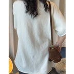 Round neck knitted slightly curled edge sweater short sleeved top