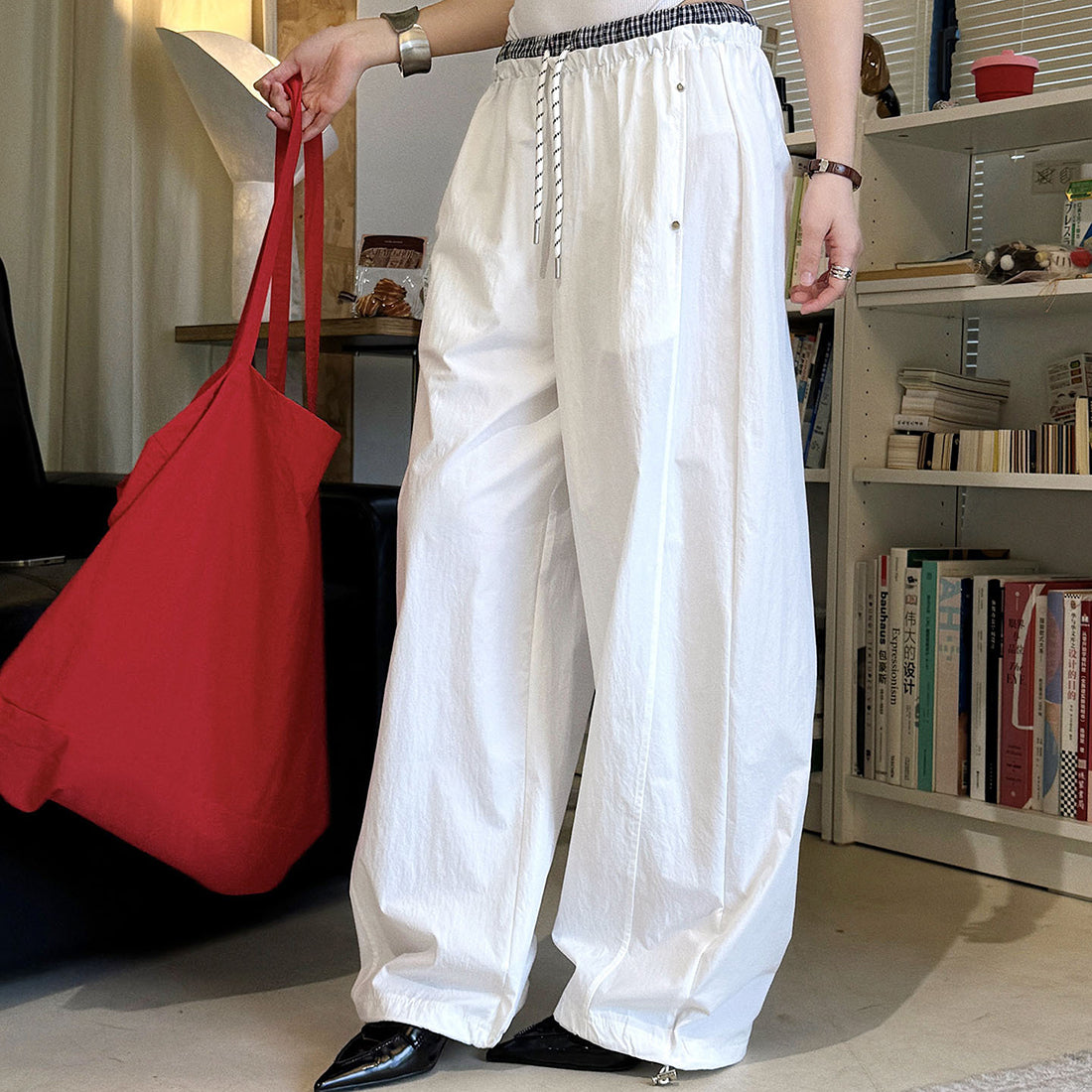 Grid waistband elastic drawstring loose casual ankle pants