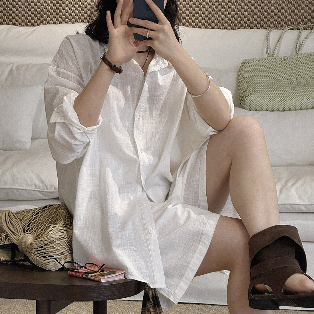 Cotton linen oversized shirt women breathable loose long sleeve casual blouse