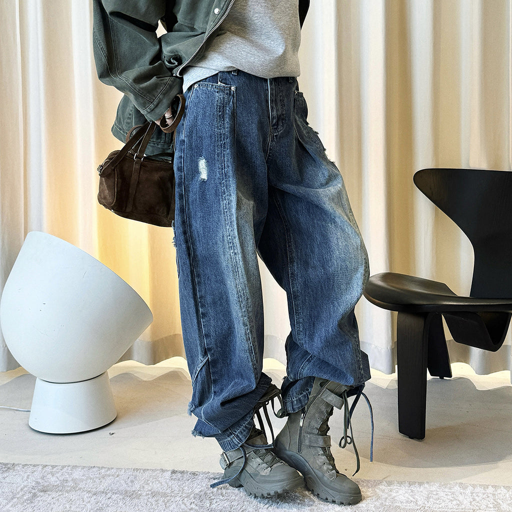 Retro pocket patchwork ripped loose jeans
