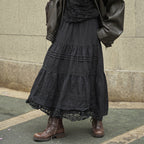 French retro patchwork floral lace skirt A-line long skirt